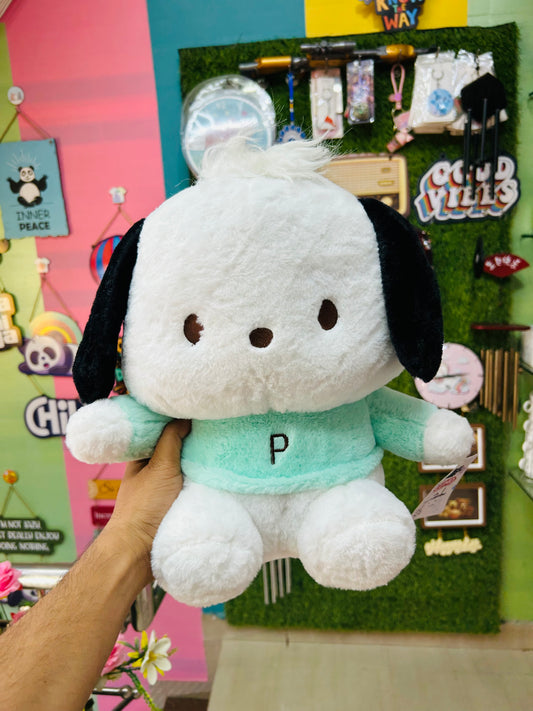 the fluffy dog in a mint sweater with letter P